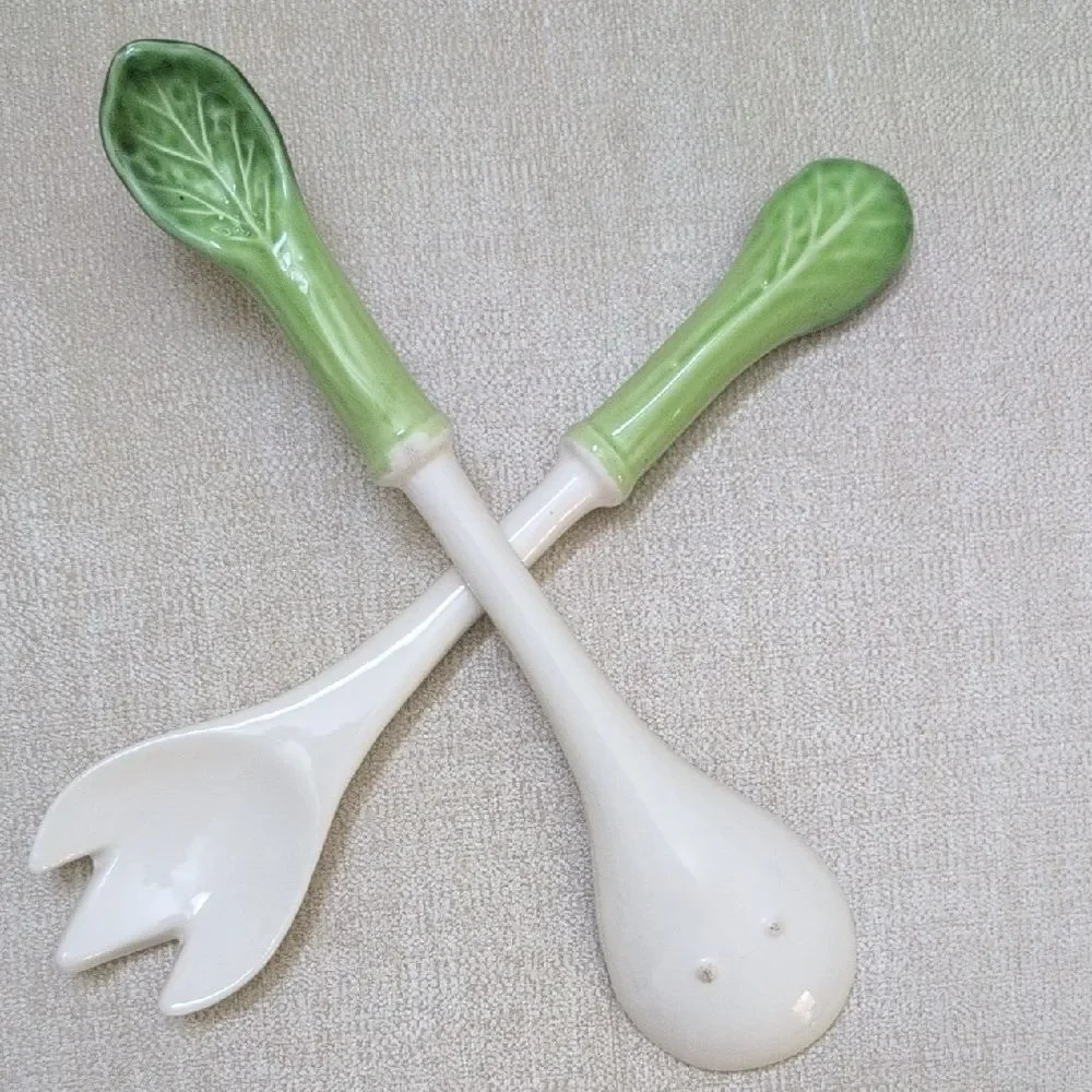 Green and White Ceramic Cabbage Handle Salad Servers